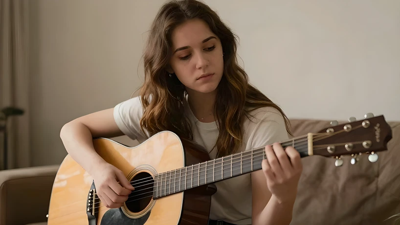Staying Motivated and Consistent- Brunette Woman Playing Acoustic Guitar